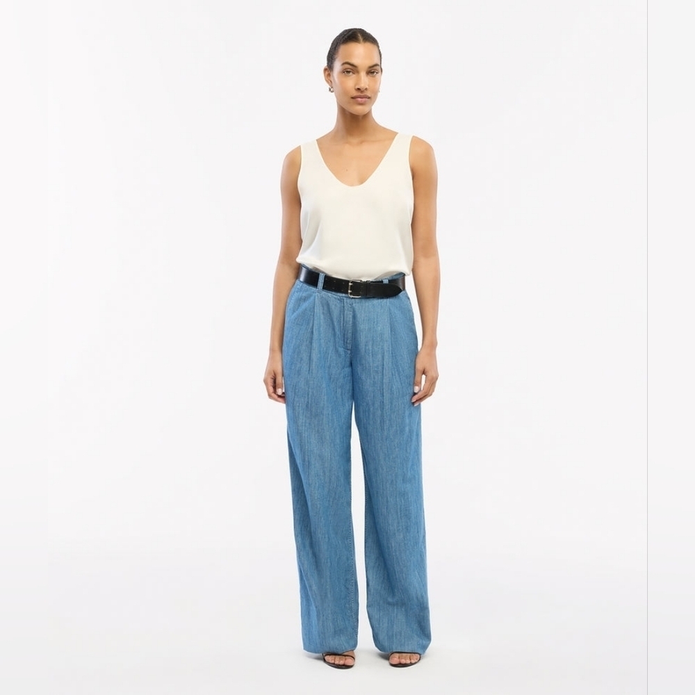 Another Tomorrow Chambray Relaxed Wide Leg Pant in Medium Blue